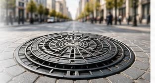Żeliwny właz kanalizacyjny na brukowanej nawierzchni